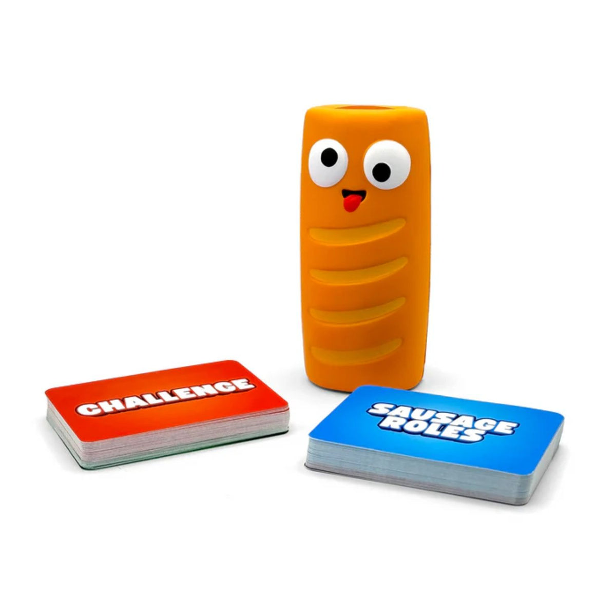 A close-up of the games components - the "Silly Sausage" and challenge cards