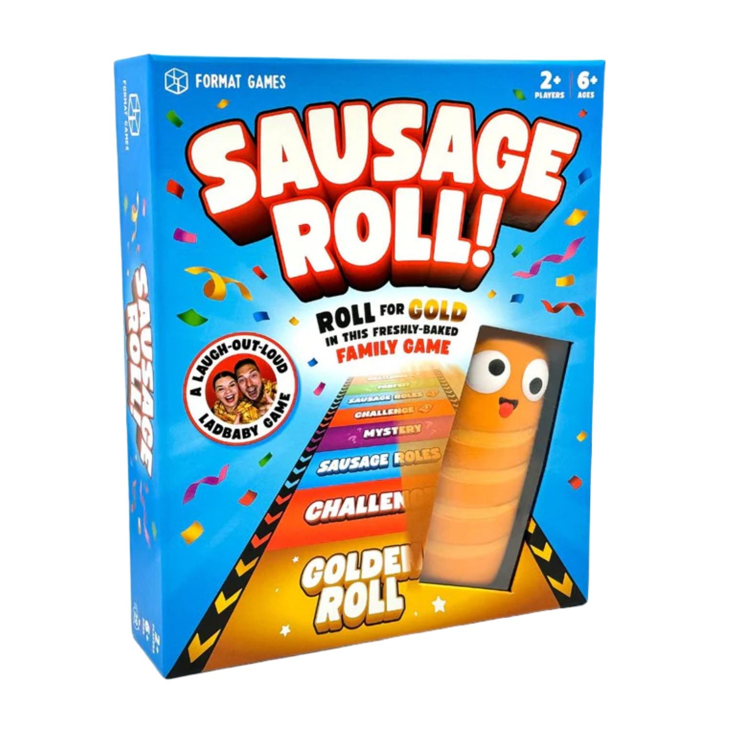 The Sausage Roll Game box set featuring the oversized foam sausage, the roll-out runway mat, and a deck of 75 hilarious challenge cards.