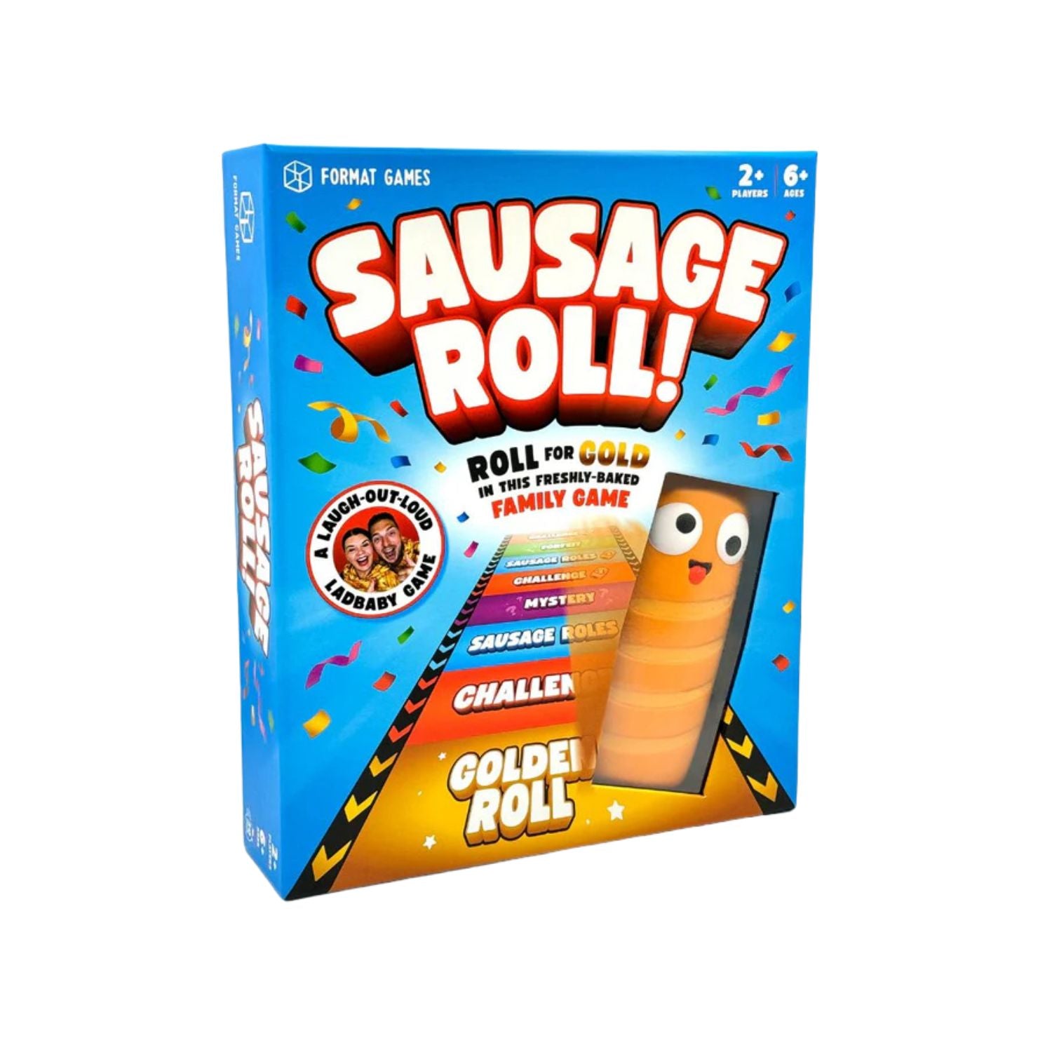 The Sausage Roll Game box set featuring the oversized foam sausage, the roll-out runway mat, and a deck of 75 hilarious challenge cards.