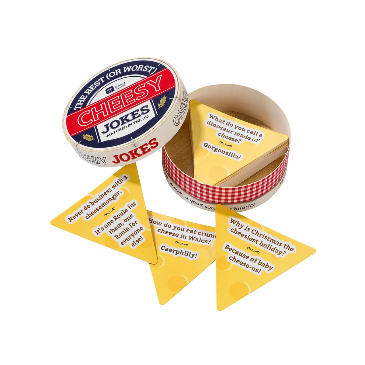 Cheesy jokes tin with yellow joke cards on a white background