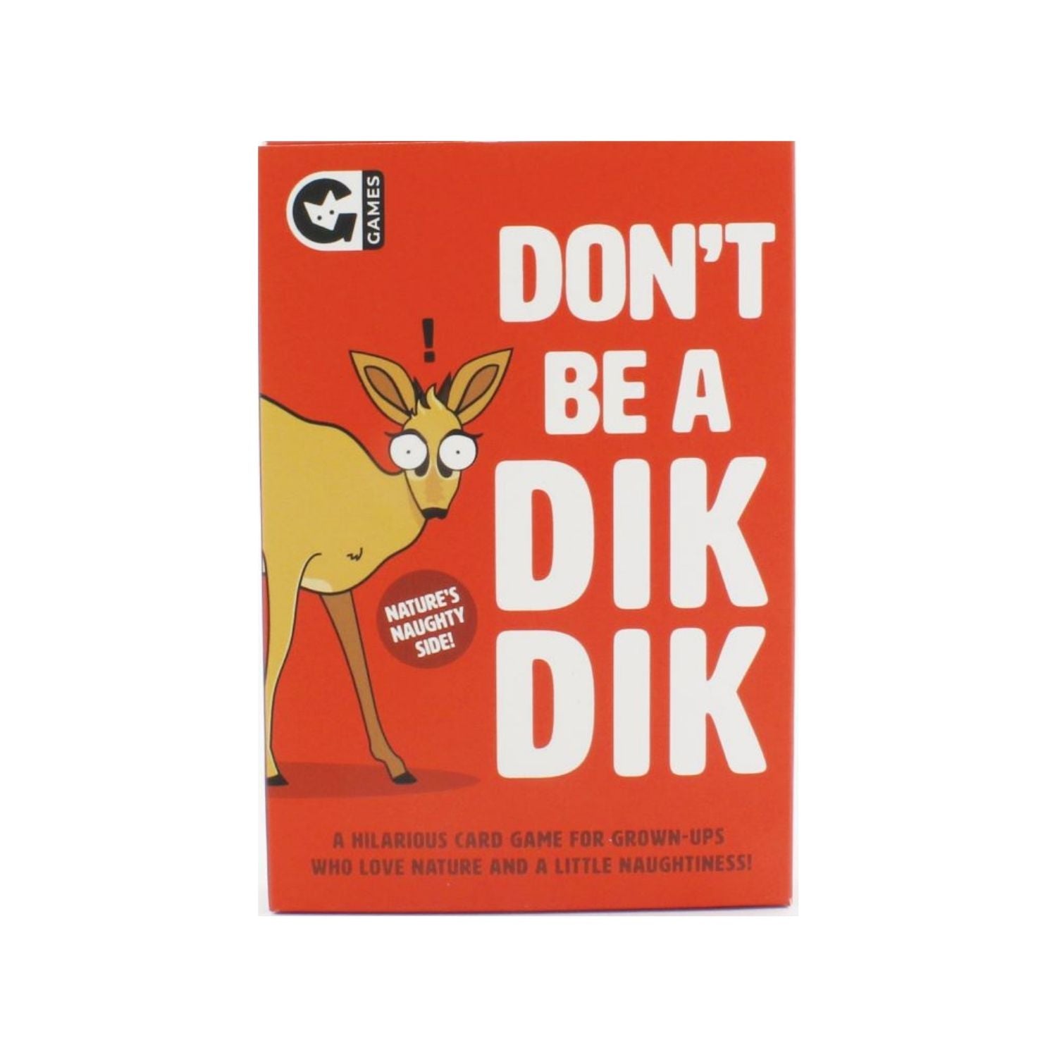 Card game box titled 'Don't Be a Dik Dik' with a cartoon deer illustration on a red background.