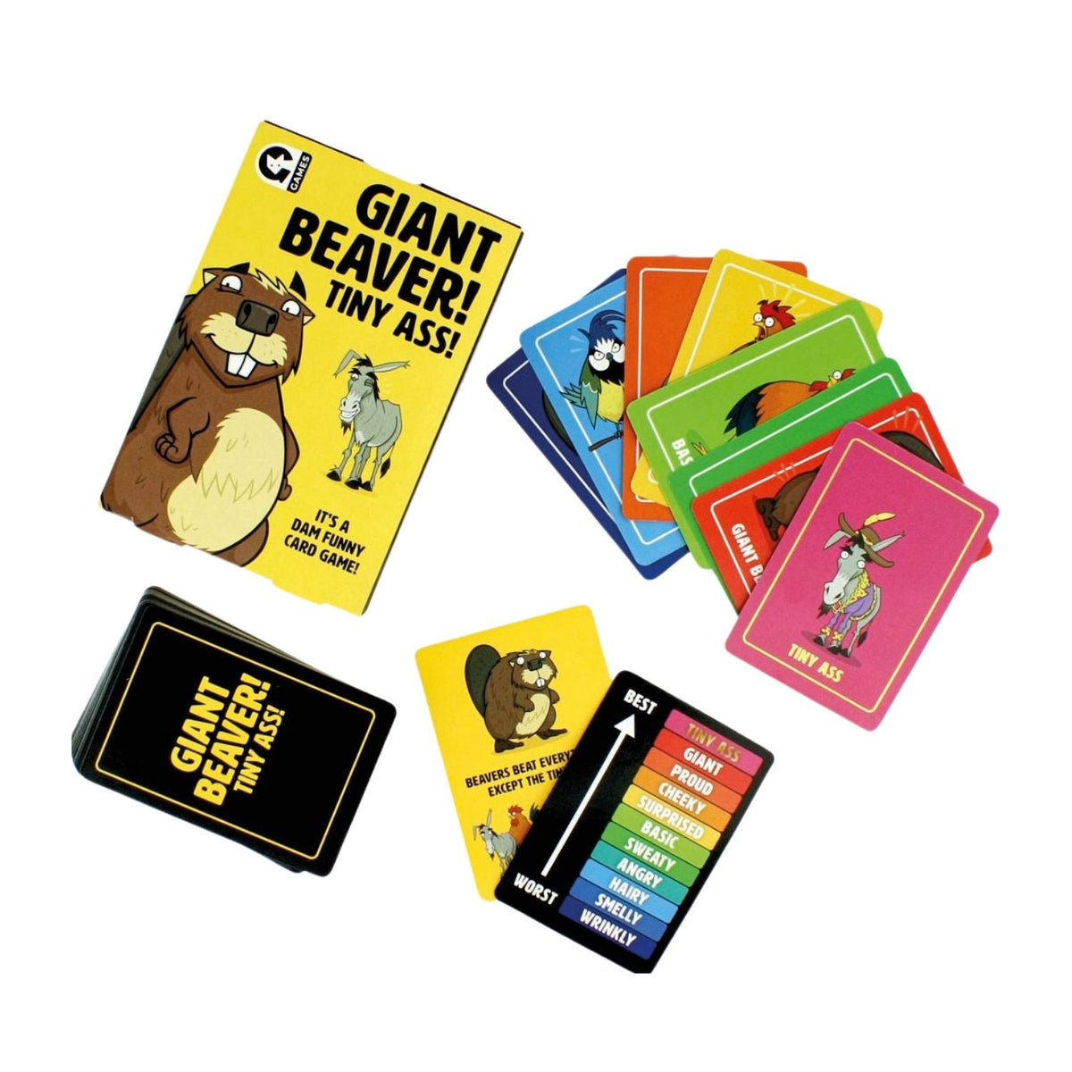 Card game set with colorful cards and a box labeled 'Giant Beaver! Tiny Ass!' 