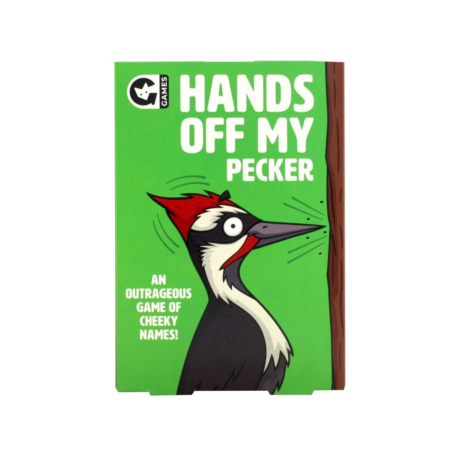 Card game box titled 'Hands Off My Pecker' with a cartoon woodpecker illustration on a green background.