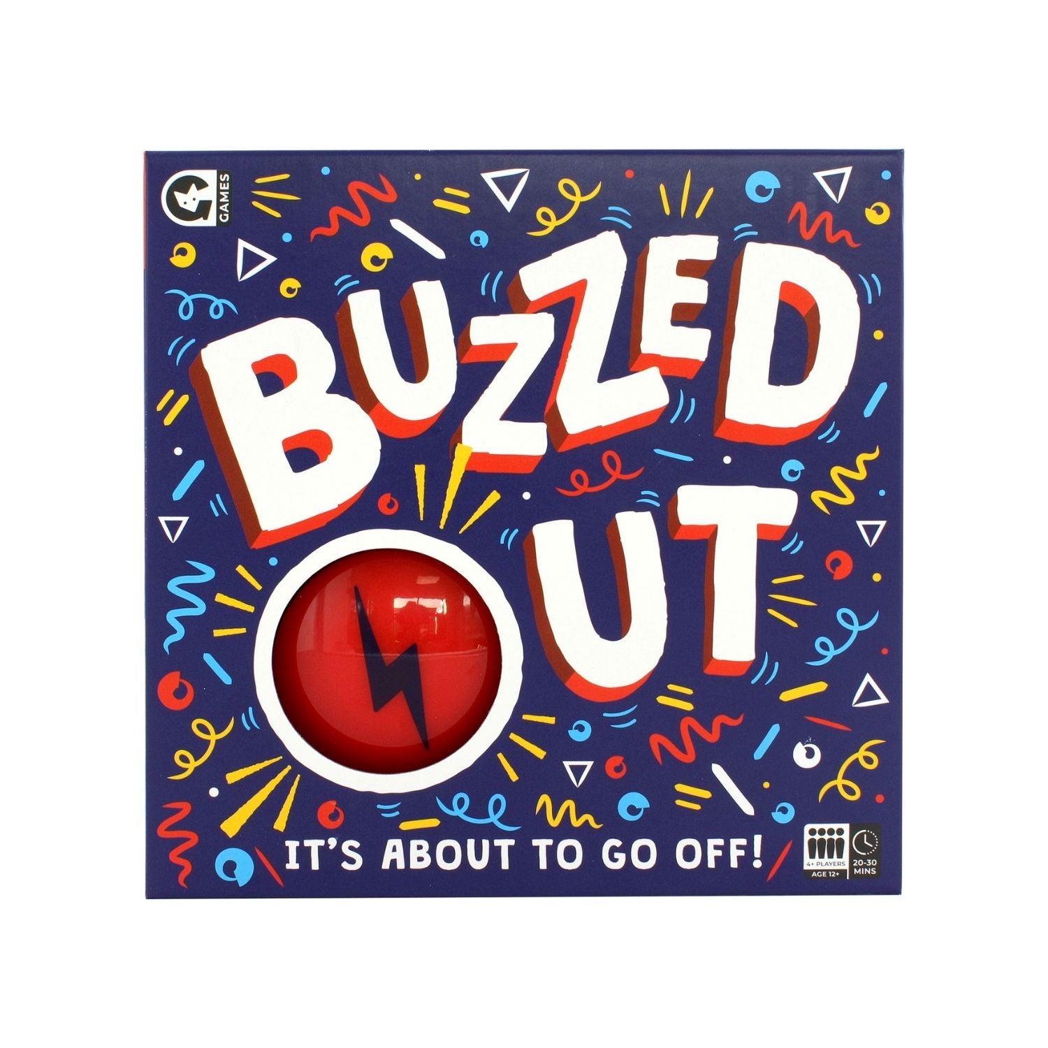 Board game box for 'Buzzed Out' with colorful design and red circle with lightning bolt.