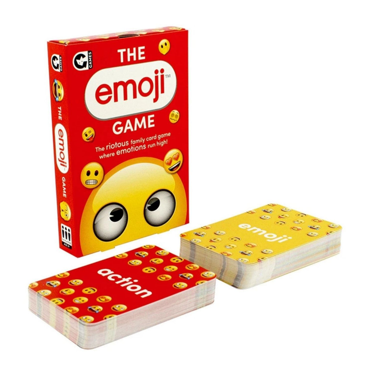 Emoji card game with red and yellow boxes and cards on a white background