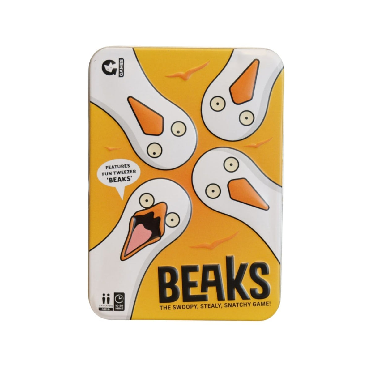 Game tin for 'Beaks' with cartoon seagull faces on a yellow background