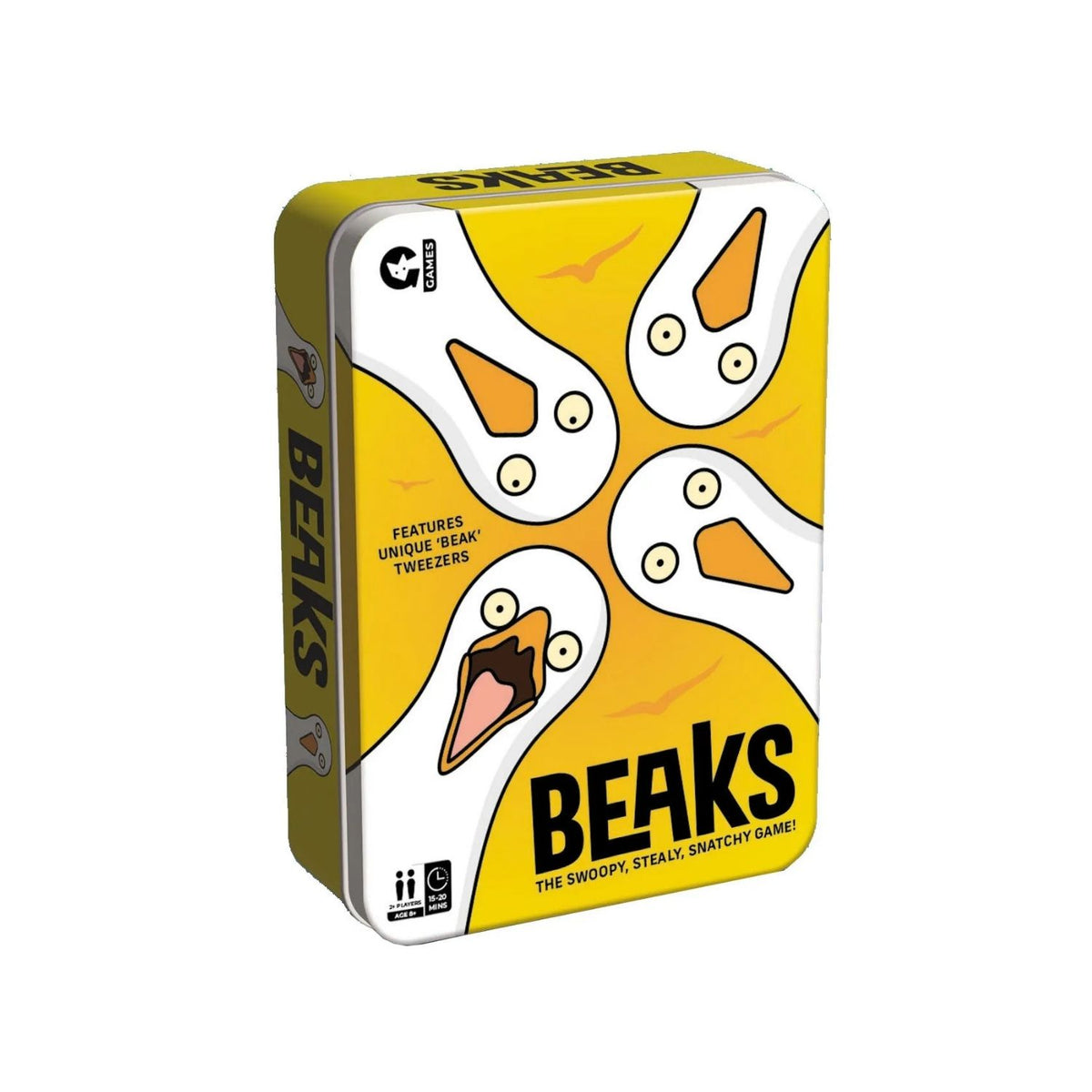 Beaks game tin with yellow and white design on a white background