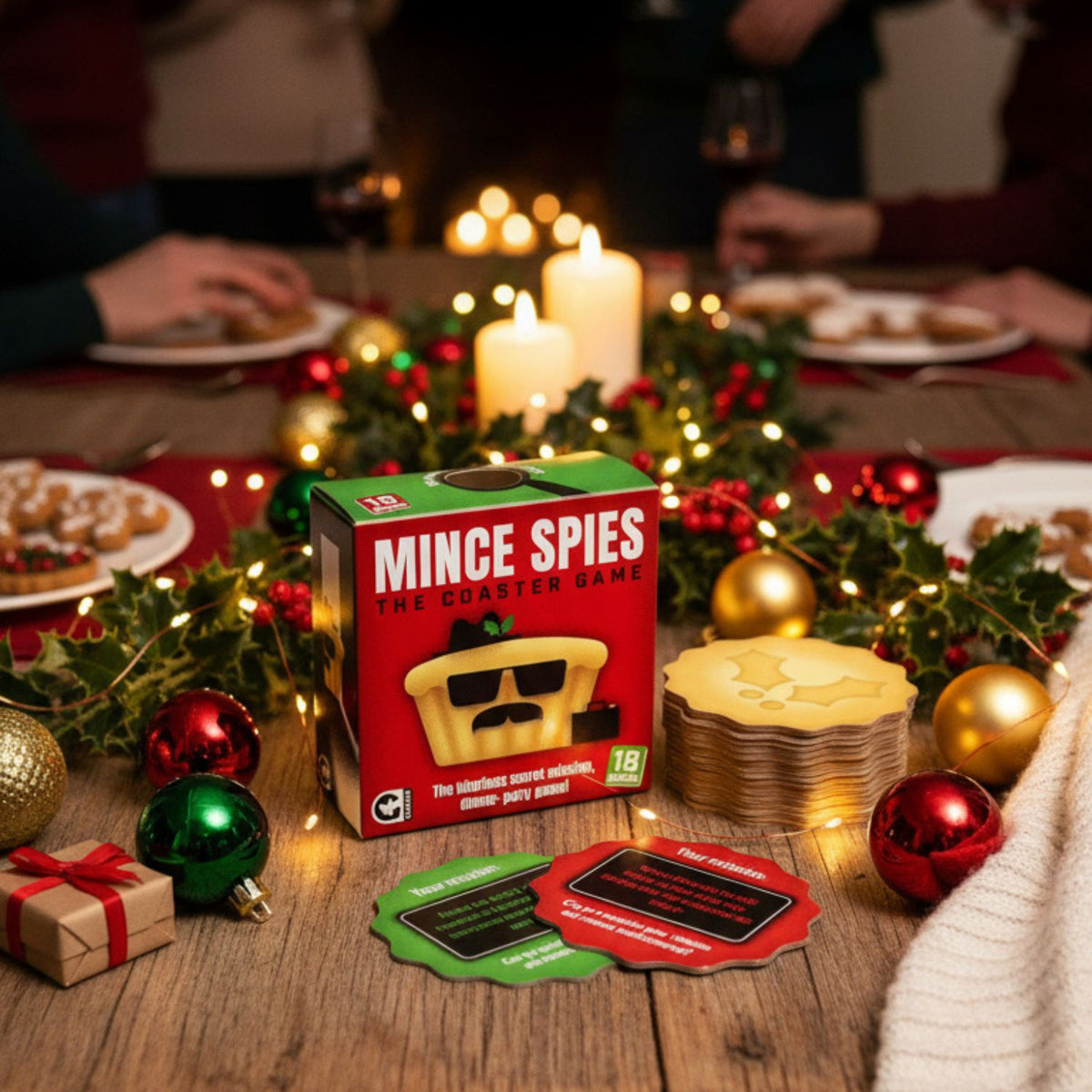 Mince Spies game box on a festive table with Christmas decorations