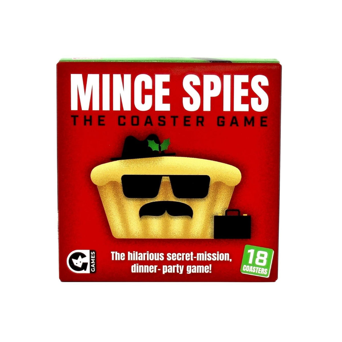 Box of 'Mince Spies: The Coaster Game' with a red background and text.