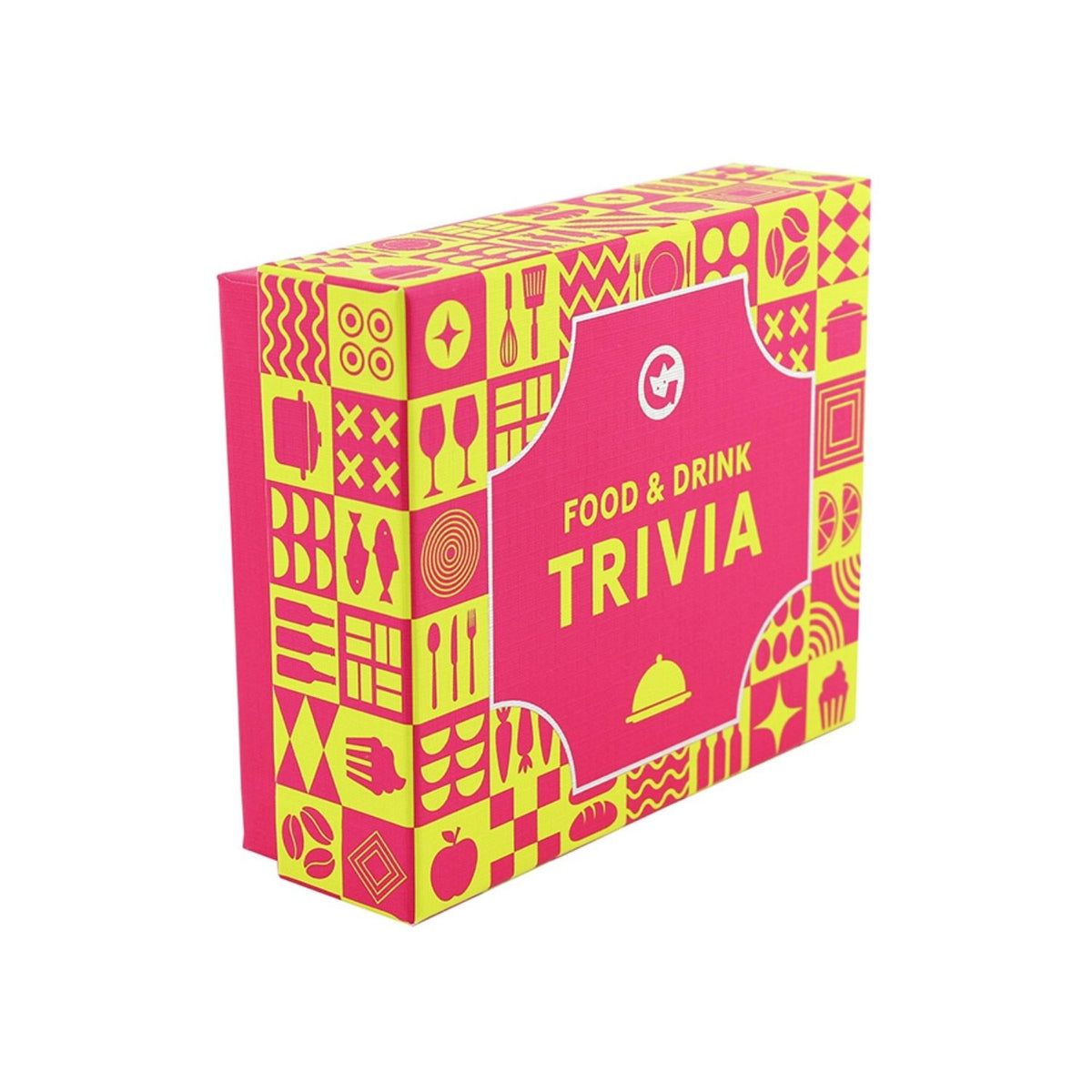 Box of food and drink trivia game with pink and yellow design