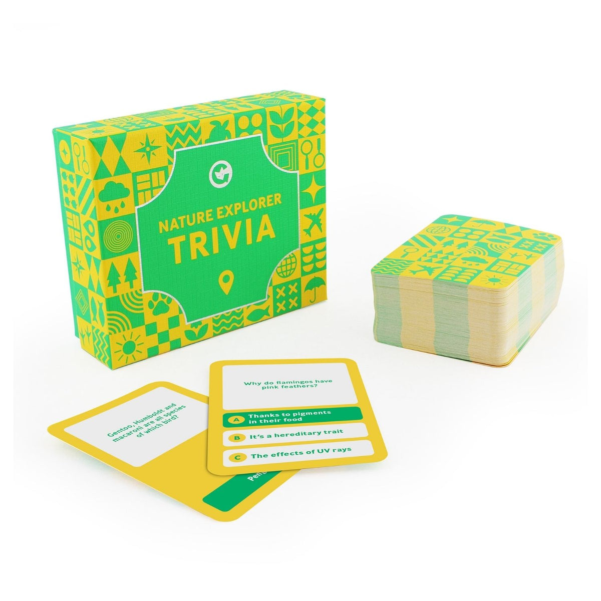 Nature Explorer Trivia game set with green and yellow design 