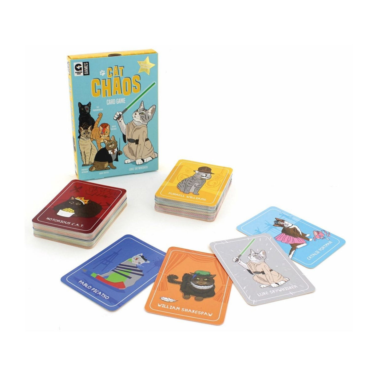 Cat-themed card game with colourful cards and a box