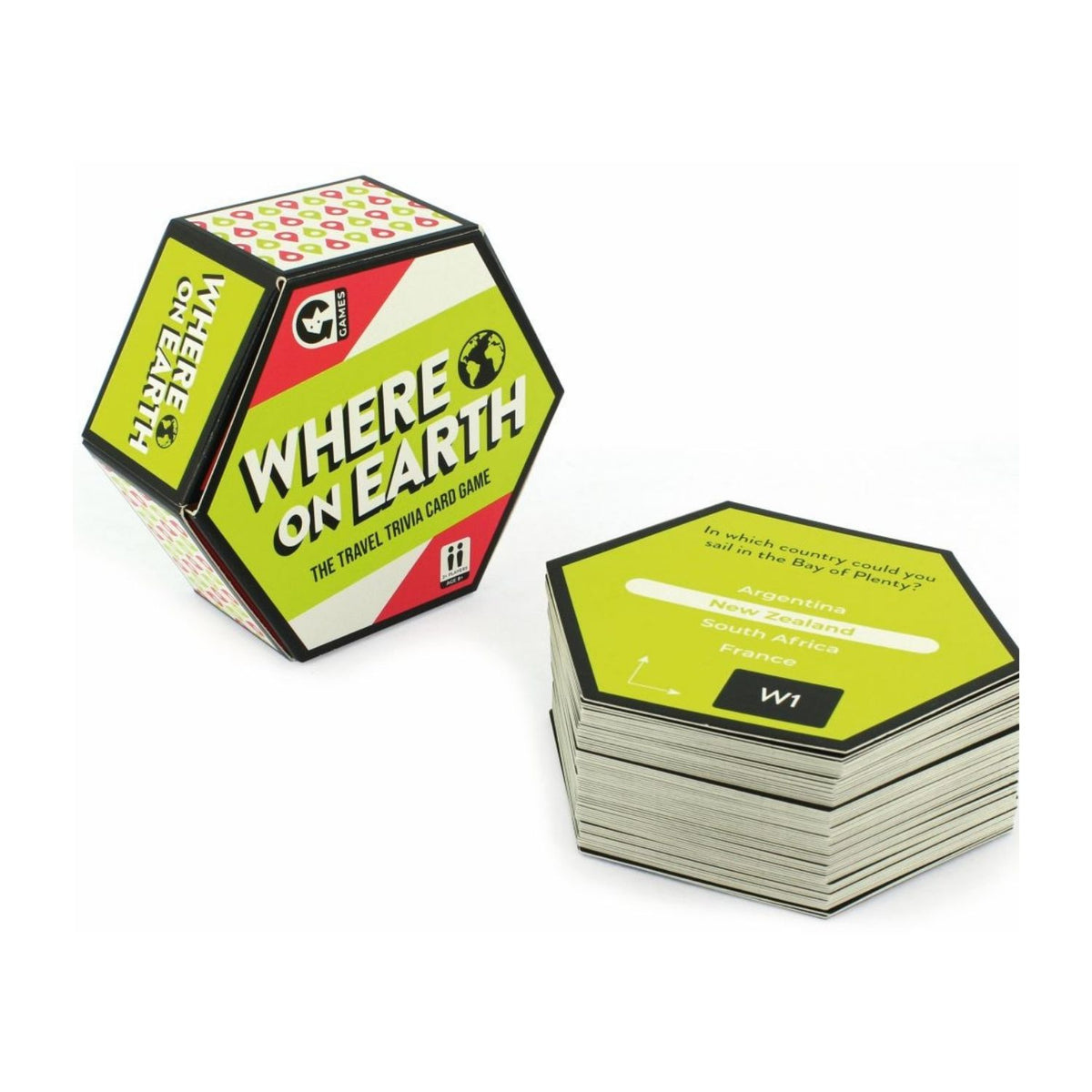 Hexagonal 'Where on Earth?' card game box and cards on a white background