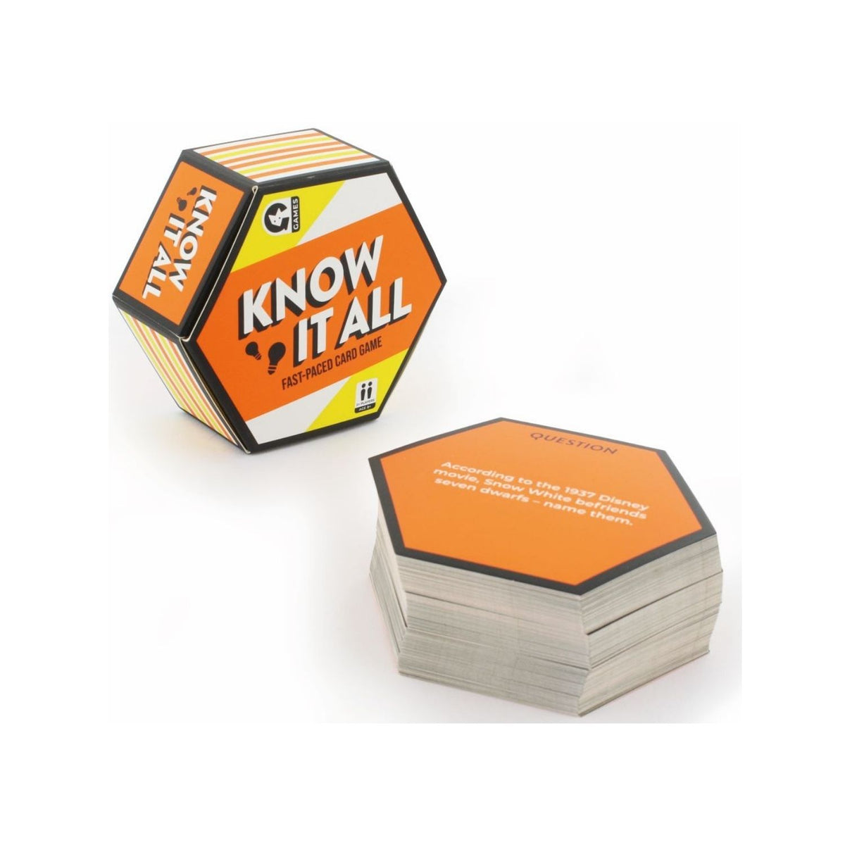 Hexagonal card game box labeled 'Know It All' with a stack of cards on a white background