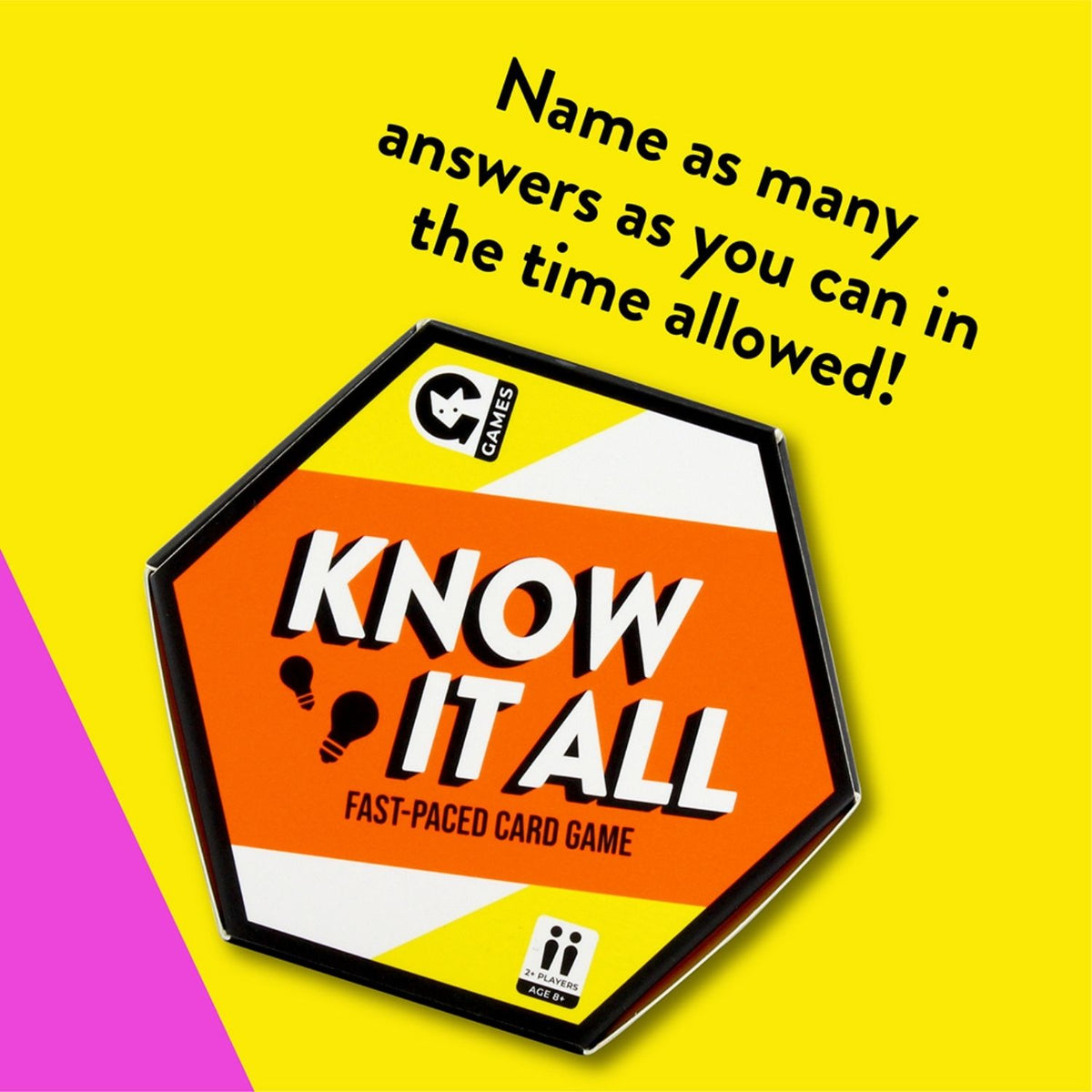 Hexagonal card game box with 'Know It All' branding on a yellow background