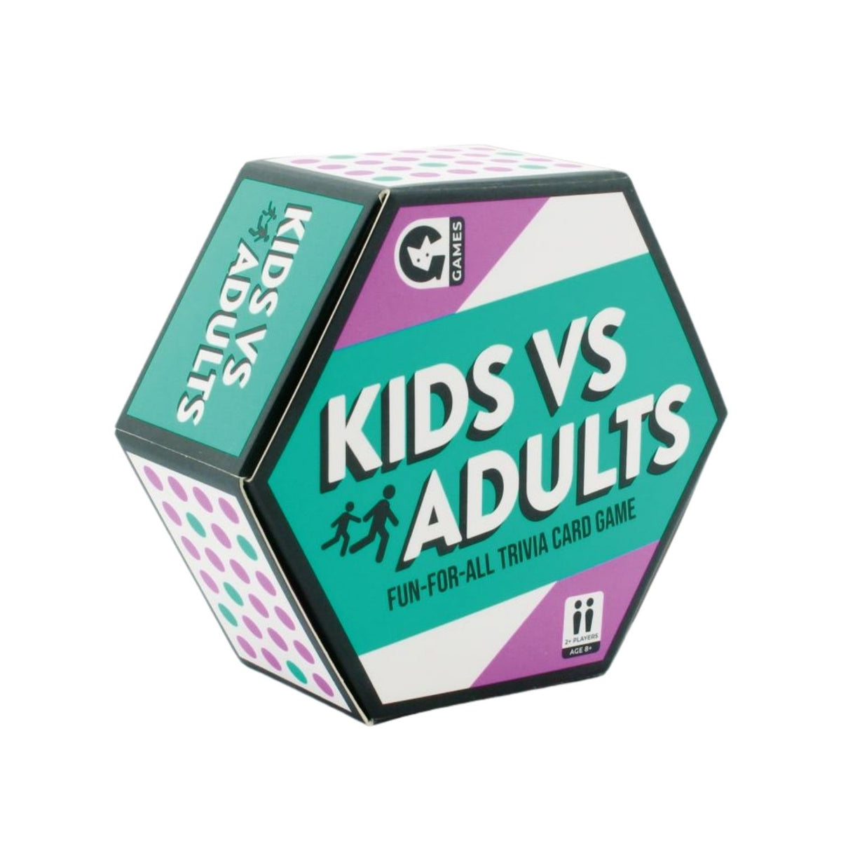 Hexagonal box of 'Kids vs Adults' trivia card game on a white background