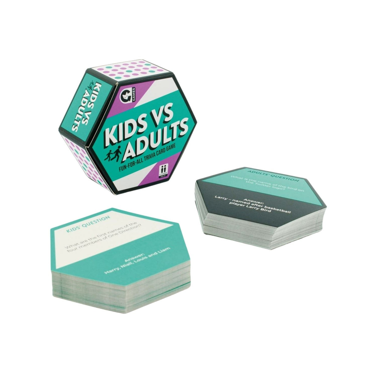 Hexagonal card game box labeled 'Kids vs Adults' with cards displayed on a white background