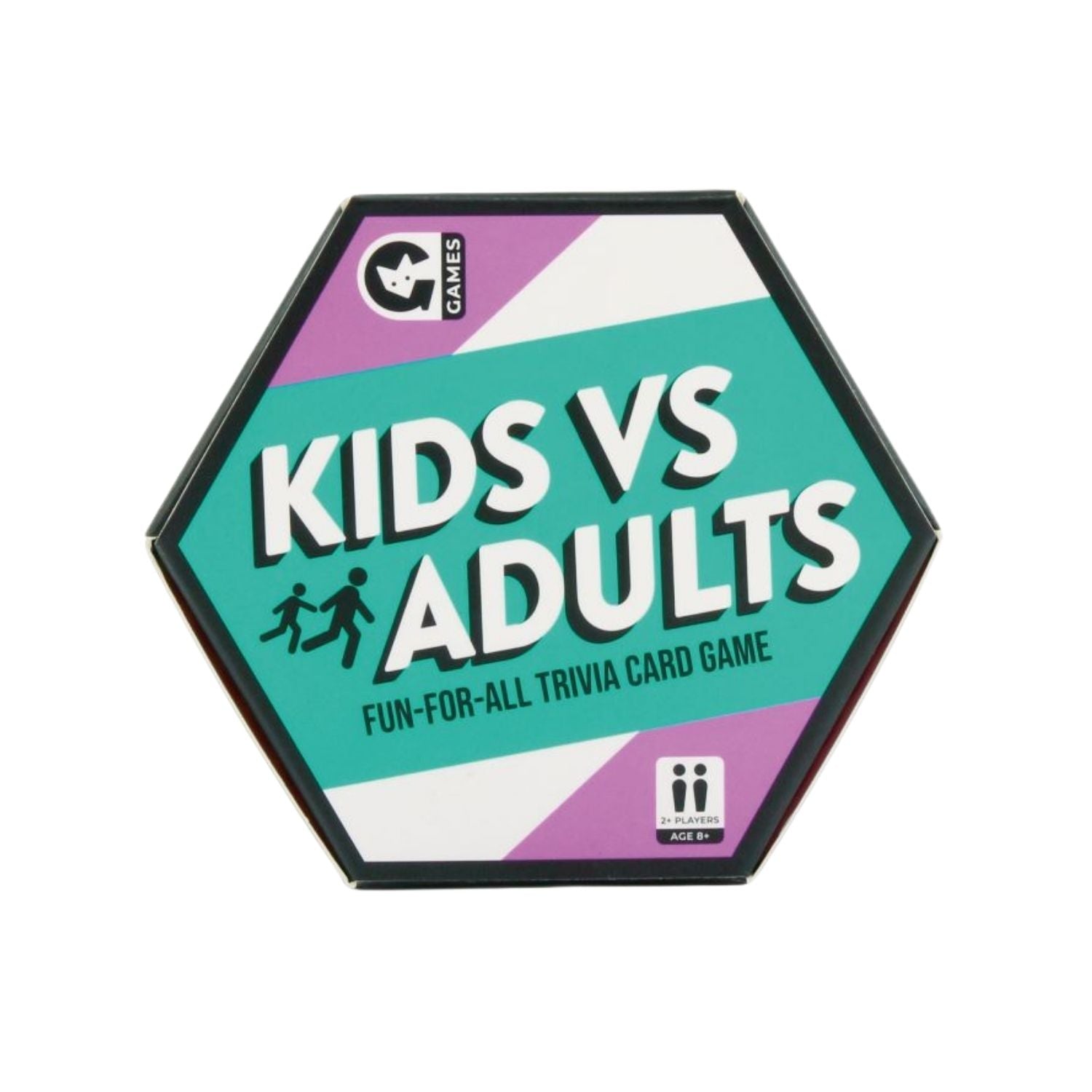 Hexagonal card game box for 'Kids vs Adults' on a white background