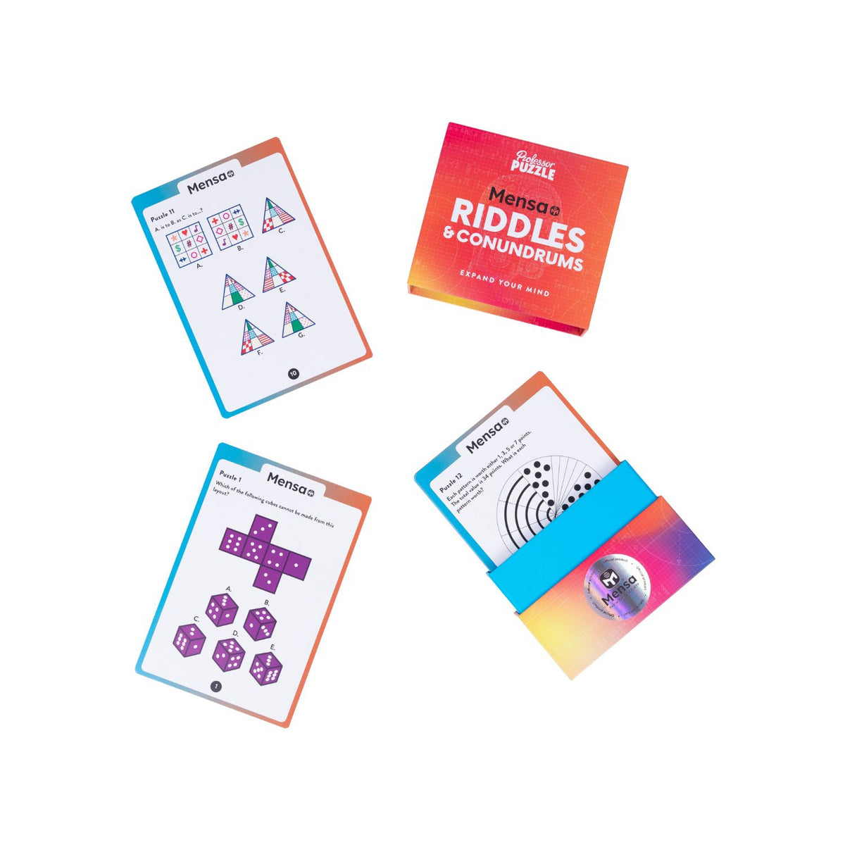 An overhead view of the 50 double-sided cards fanned out, revealing a diverse range of numerical, visual, and logic-based mental challenges.