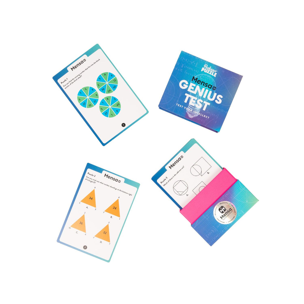An overhead view of the double-sided Genius Test cards fanned out, showcasing a dense variety of complex lateral thinking and reasoning puzzles.