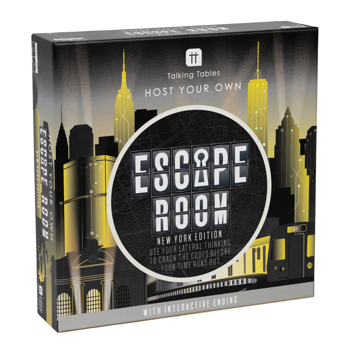 Escape Room game box with New York skyline design on a white background