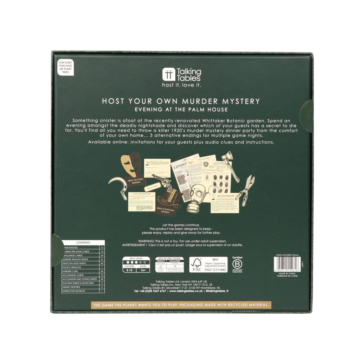 Back of a game box for &#39;Host Your Own Murder Mystery Evening at the Palm House&#39; by Talking Tables.