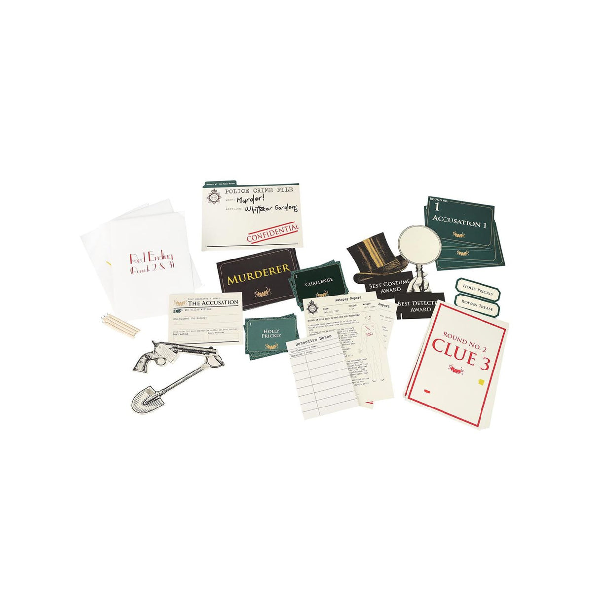 Collection of game components including cards and a bag on a white background