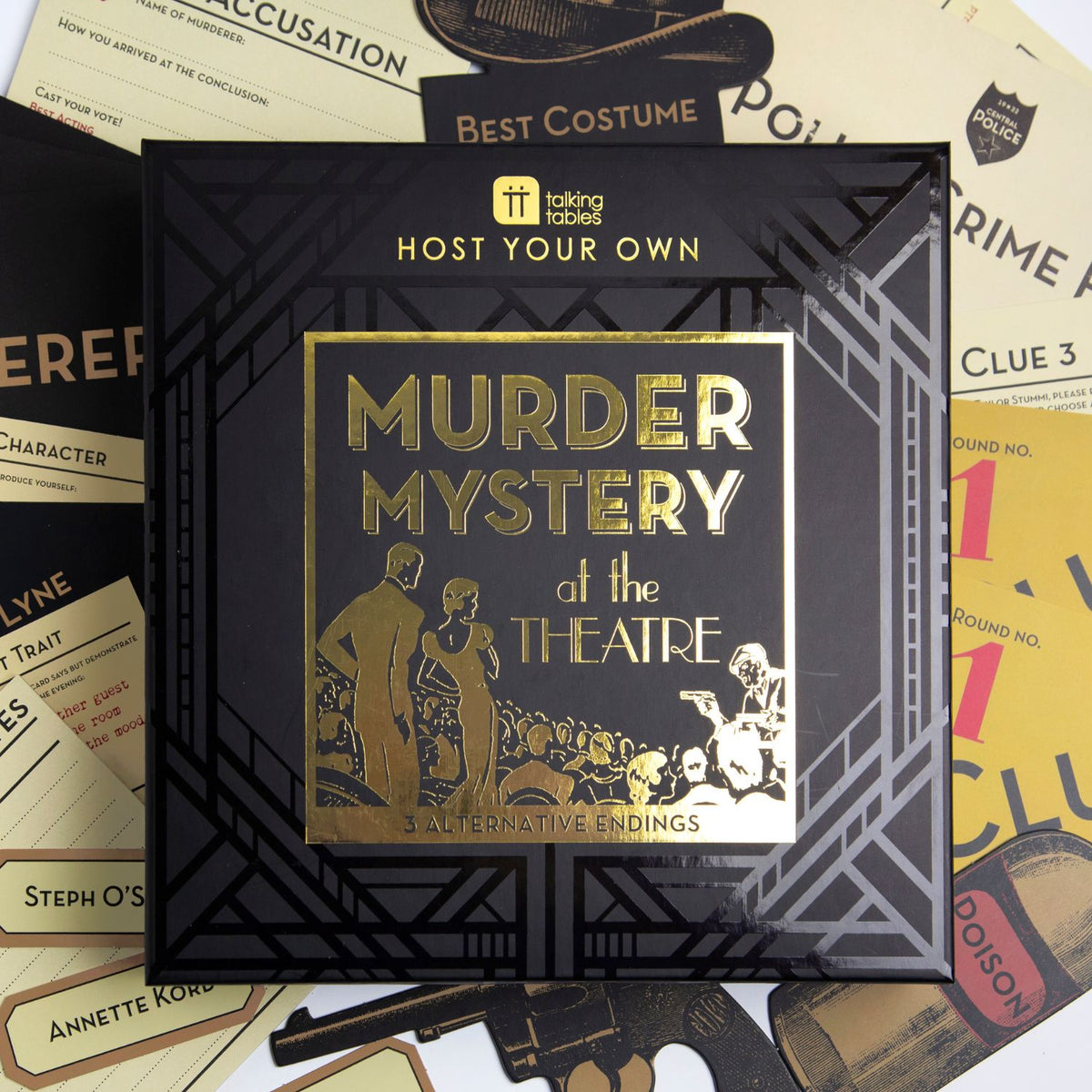Box for &#39;Murder Mystery at the Theatre&#39; game with vintage-style packaging.