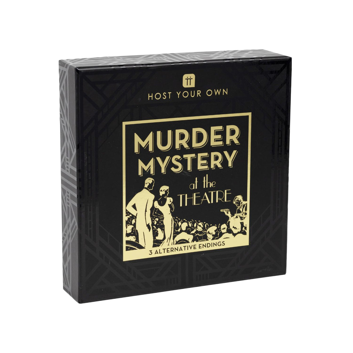 Black box with gold text and illustrations for a murder mystery game set at the theatre.