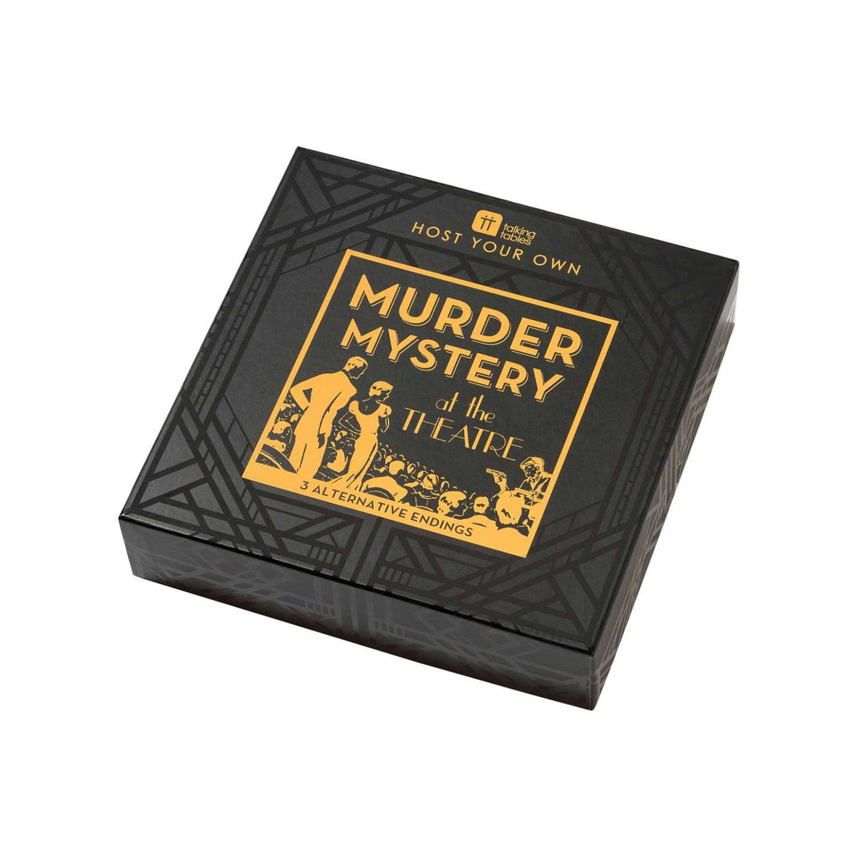 Black box with gold text and graphics for &#39;Murder Mystery at the Theatre&#39; on a white background
