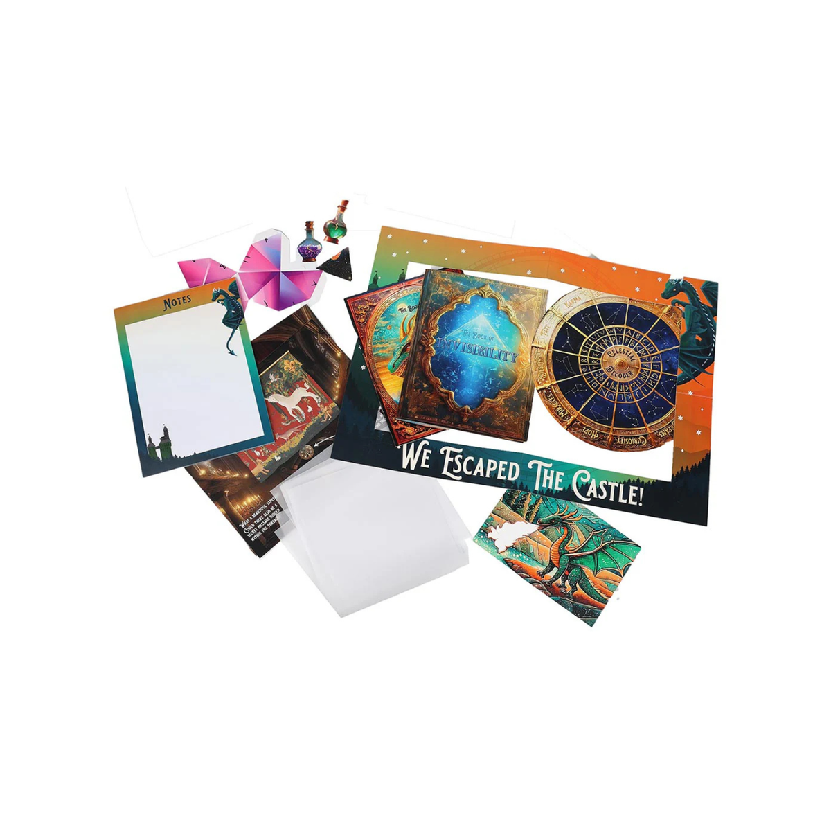 Collection of colorful cards with various designs and a &#39;We Escaped The Castle!&#39; card on a white background.
