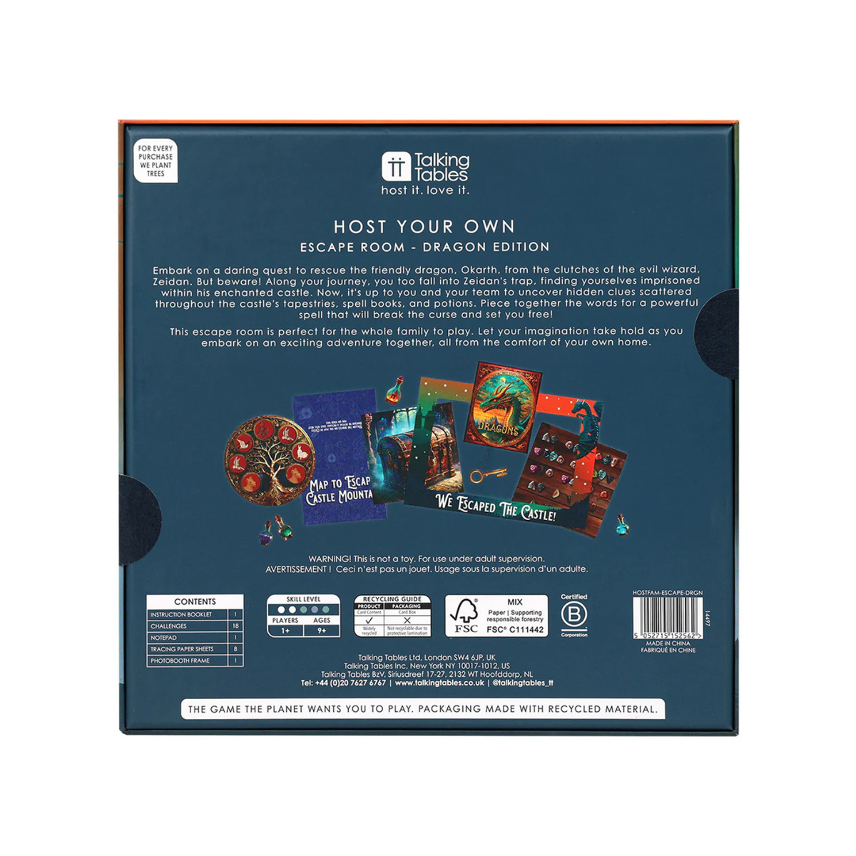 Back of a game box for &#39;Host Your Own Escape Room - Dragon Edition&#39; by Talking Tables.