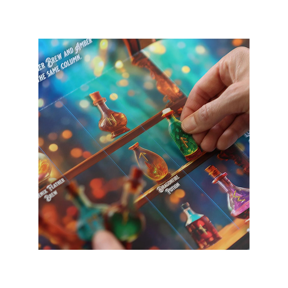 Hand placing a bottle on a game board with colorful potion bottles and text.