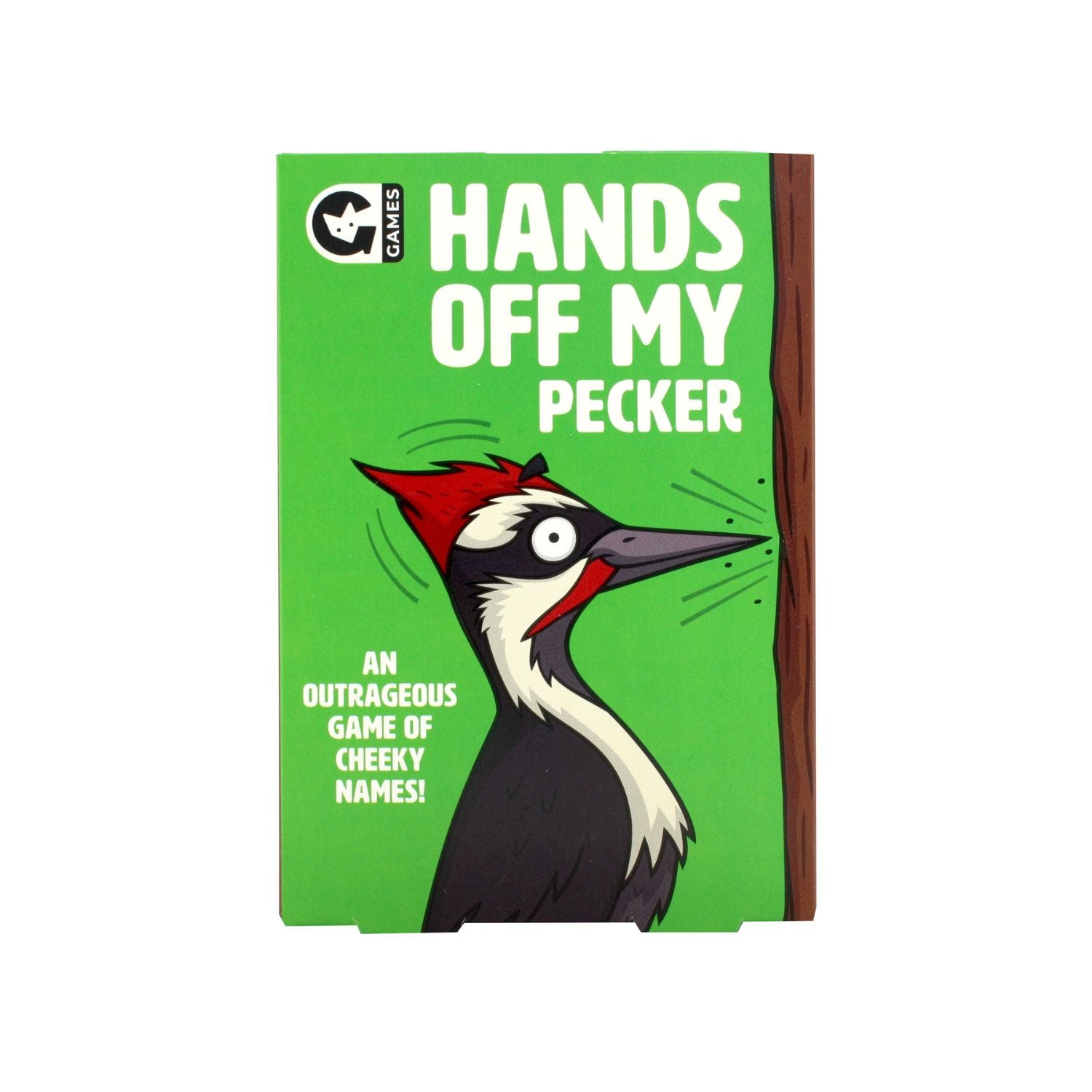 The image features the product title "Hands Off My Pecker," presented in a vibrant and eye-catching design. The game's title is prominently displayed at the top in bold, black lettering, with a graphic of a peckerwood (a type of bird) looking cheeky and animated, adding a playful touch to the game's theme.