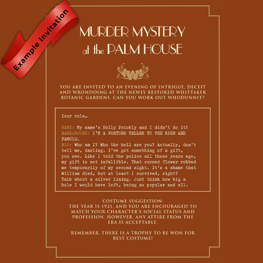 Invitation to a murder mystery event at the Palm House with text and decorative elements.