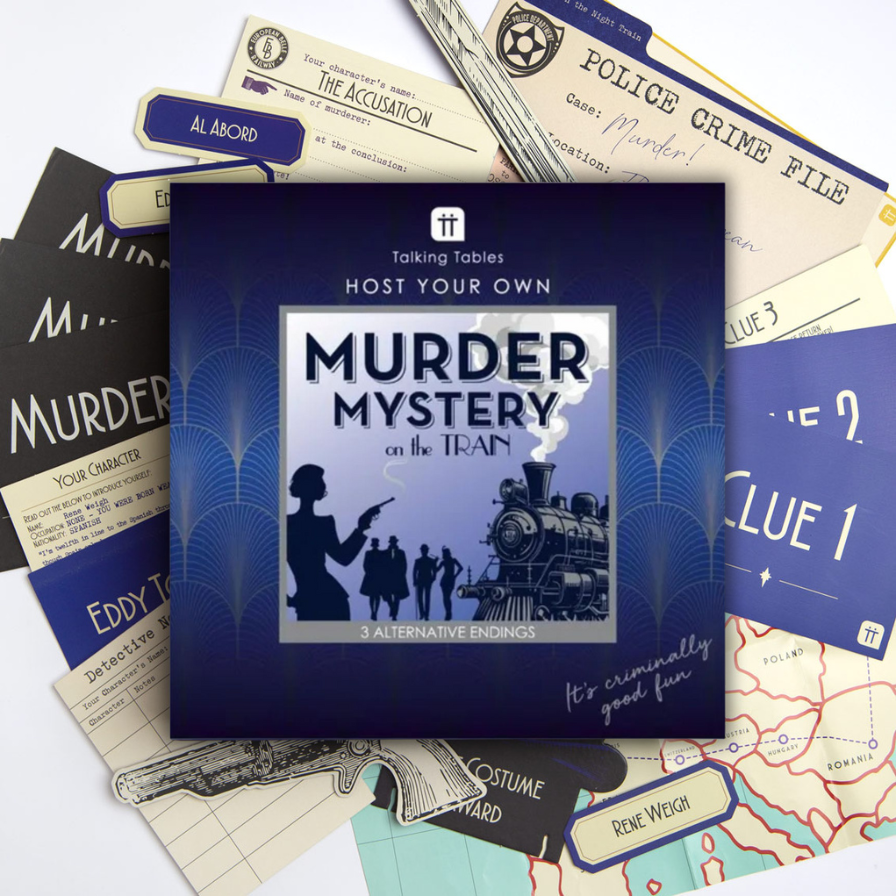 Murder mystery game box with train theme and related cards on a white background