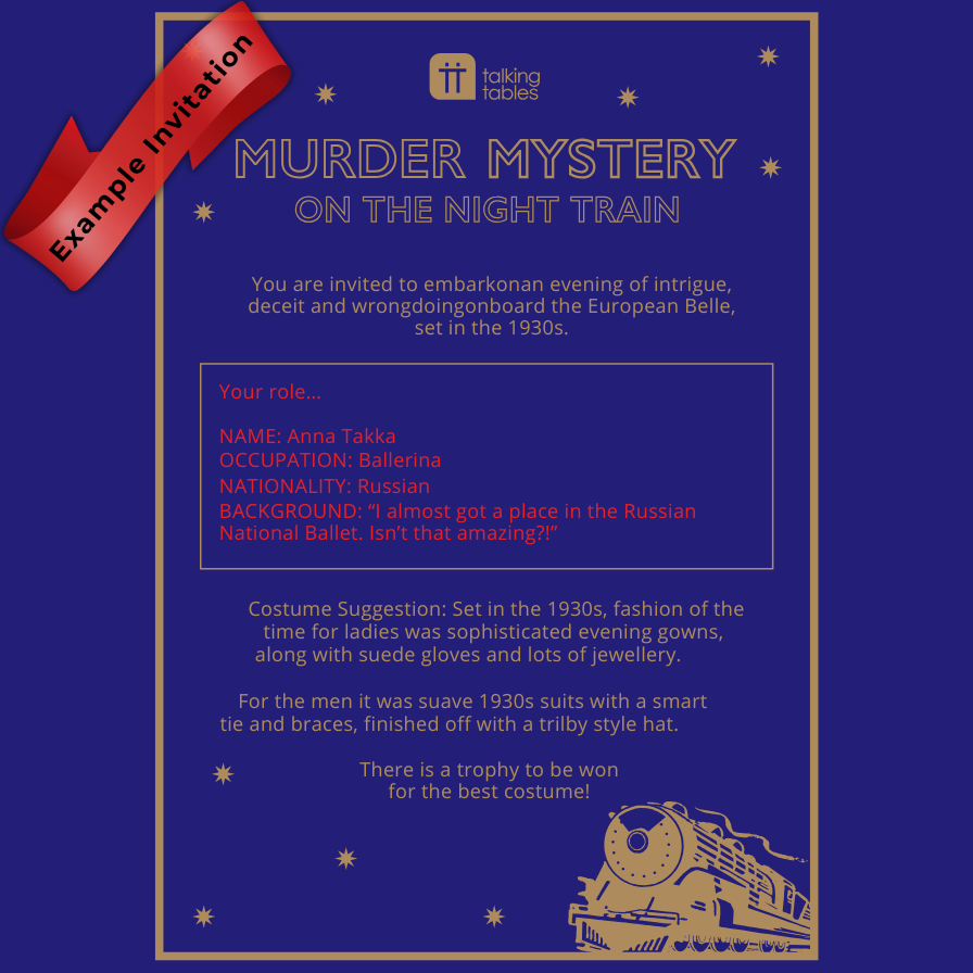 Invitation card for 'Murder Mystery on the Night Train' event with text and graphics.