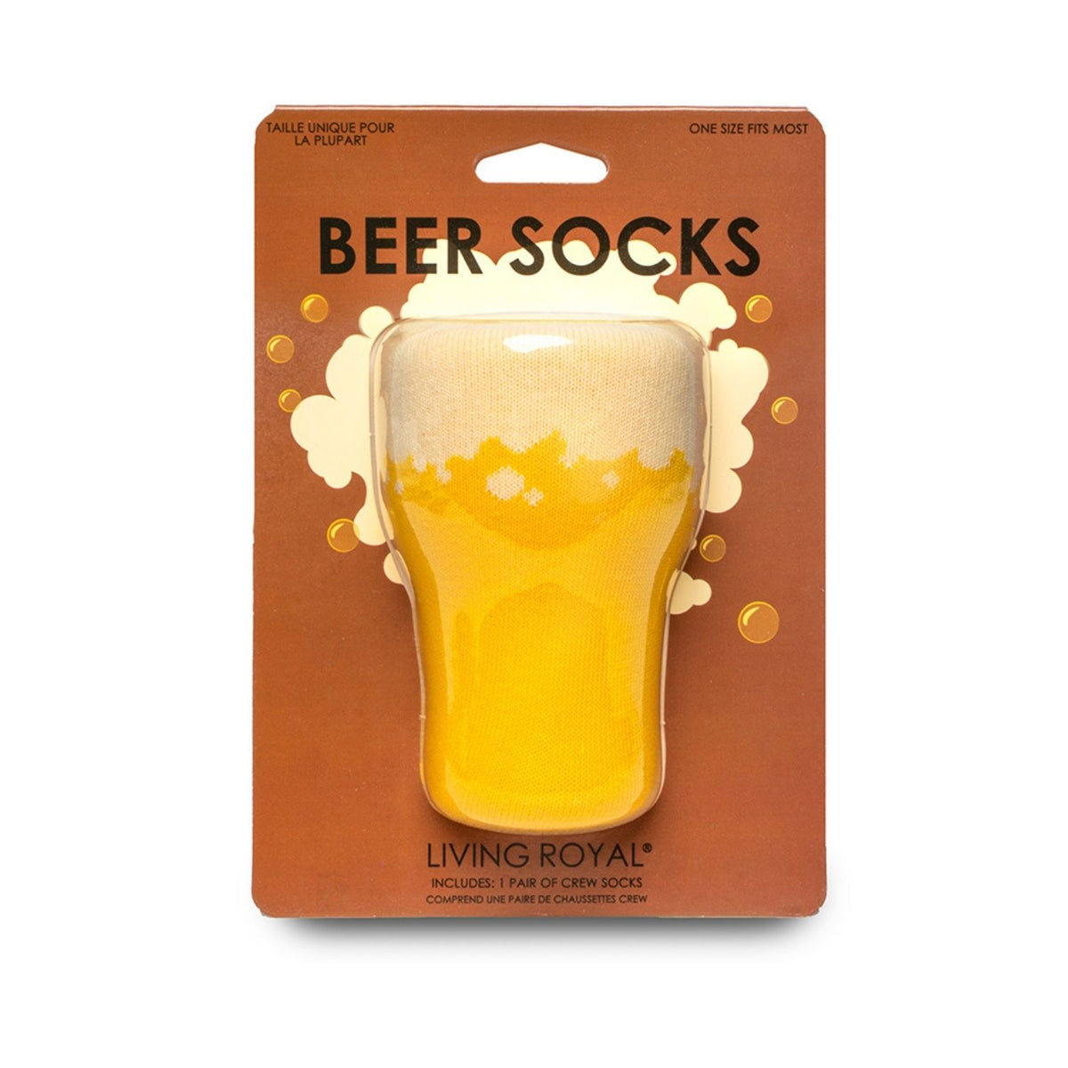 Packaging of beer socks with a glass of beer design on a brown background.
