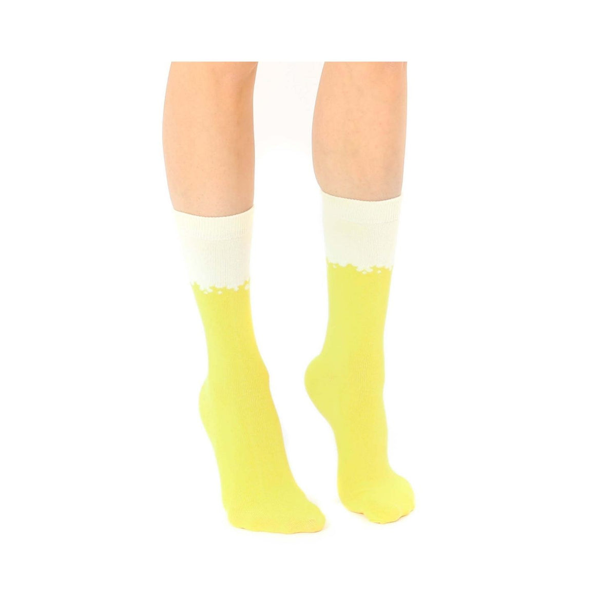 beer socks with white tops worn by a person on a white background