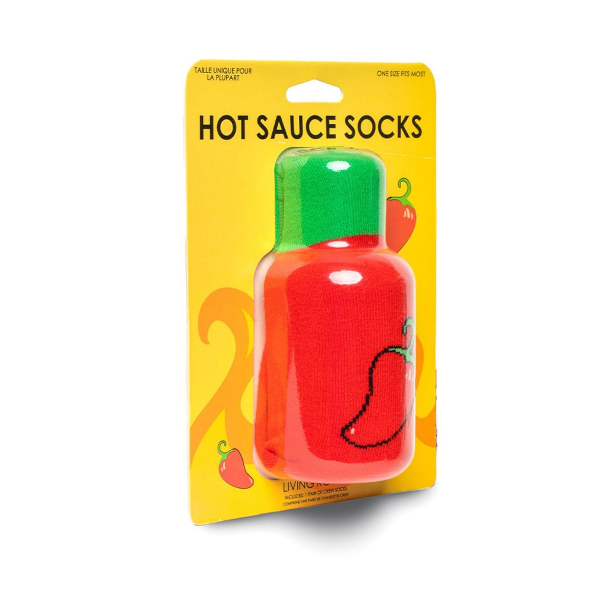 Packaged hot sauce socks with a yellow background