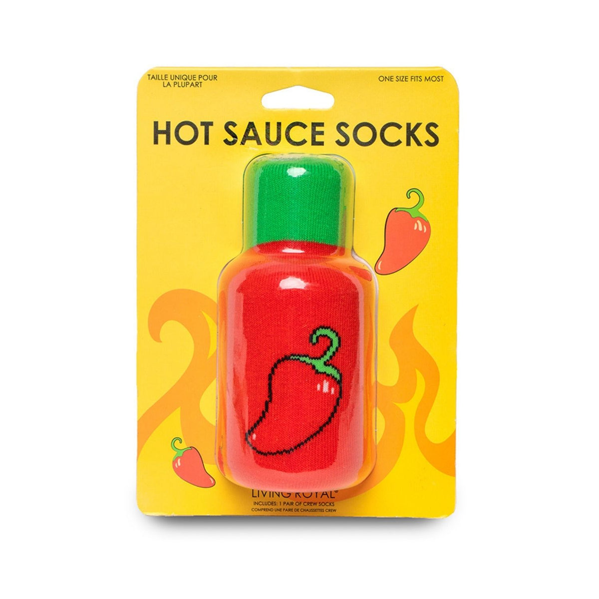 Hot sauce socks packaging with a yellow background and red chili pepper design.