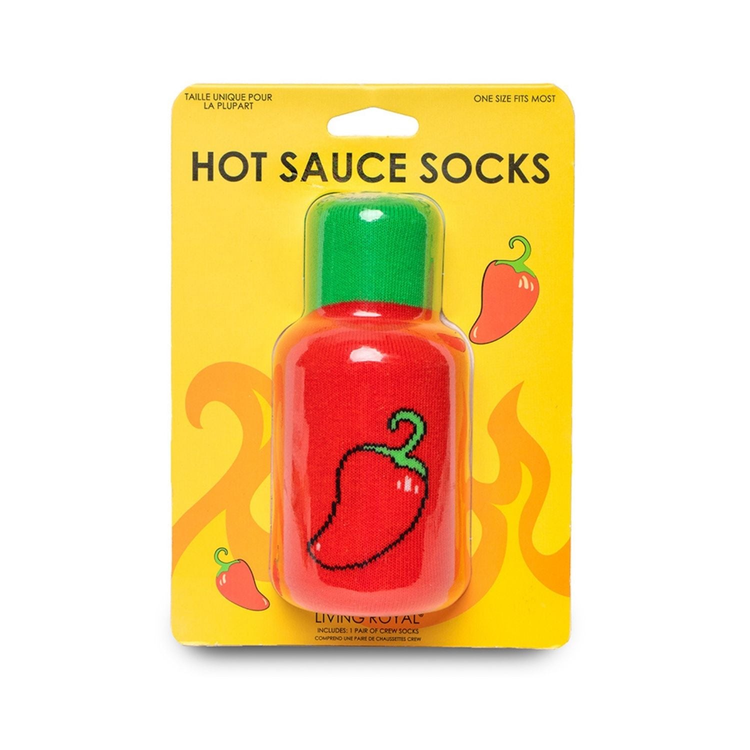 Hot sauce socks packaging with a yellow background and red chili pepper design.