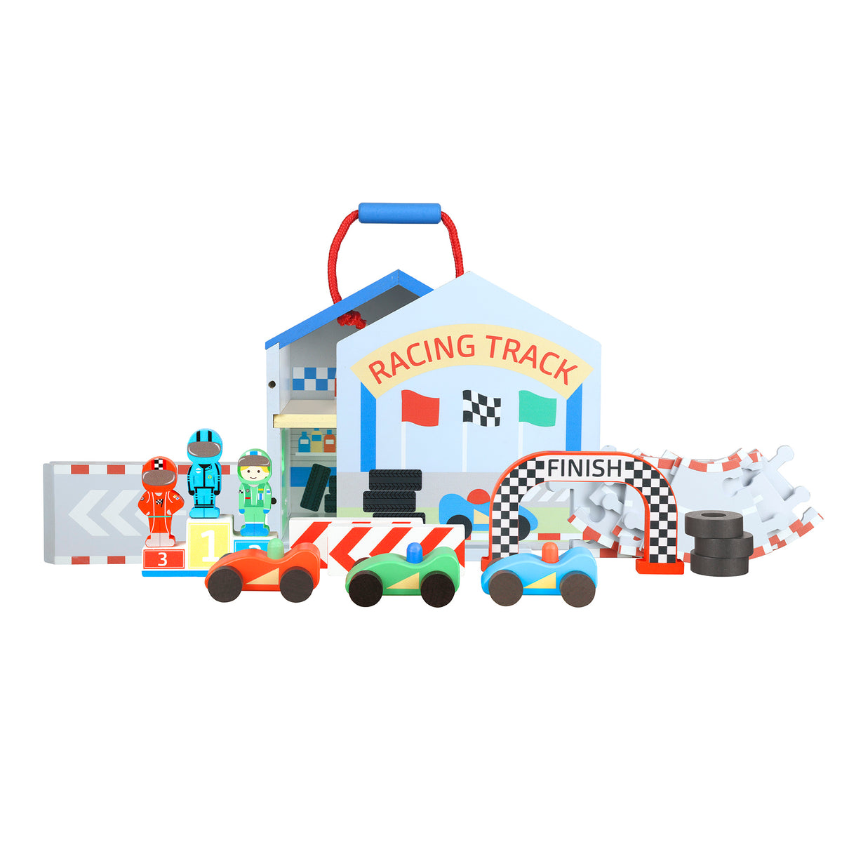 Wooden toy set with a racing track garage, cars, drivers and racing elements