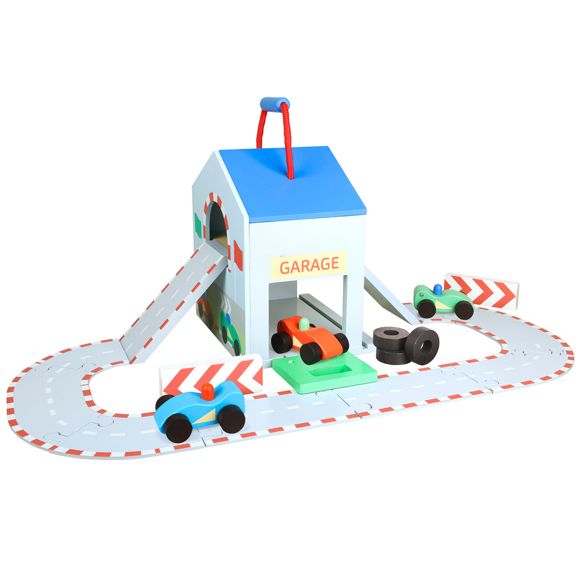Wooden Toy garage with a ramp and toy cars as part of play set