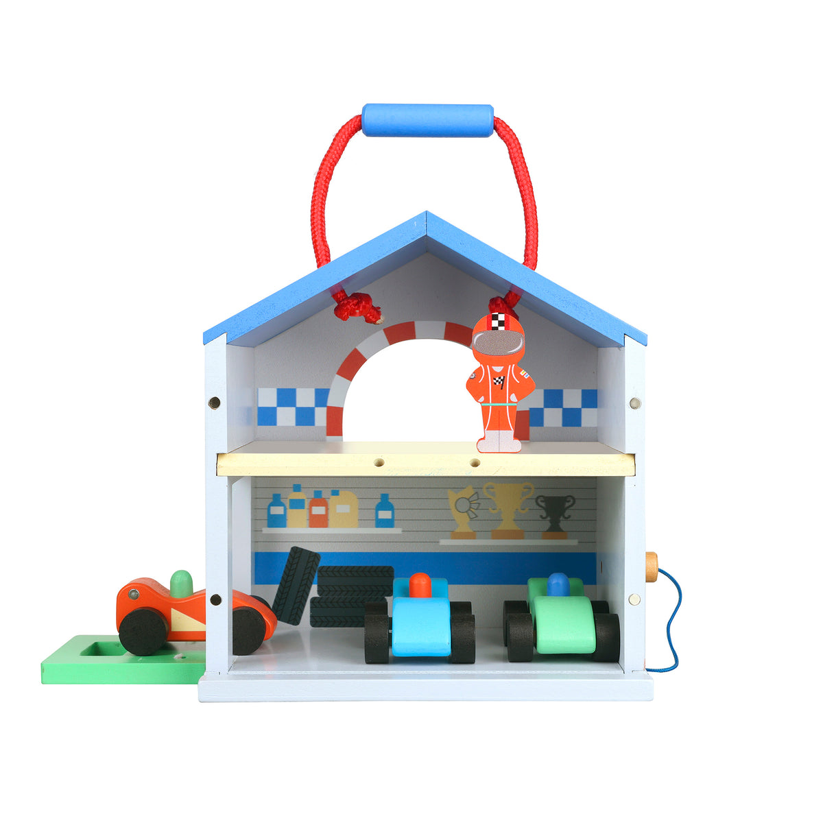 Children's toy garage with a racing car driver character and colourful race cars on a white background