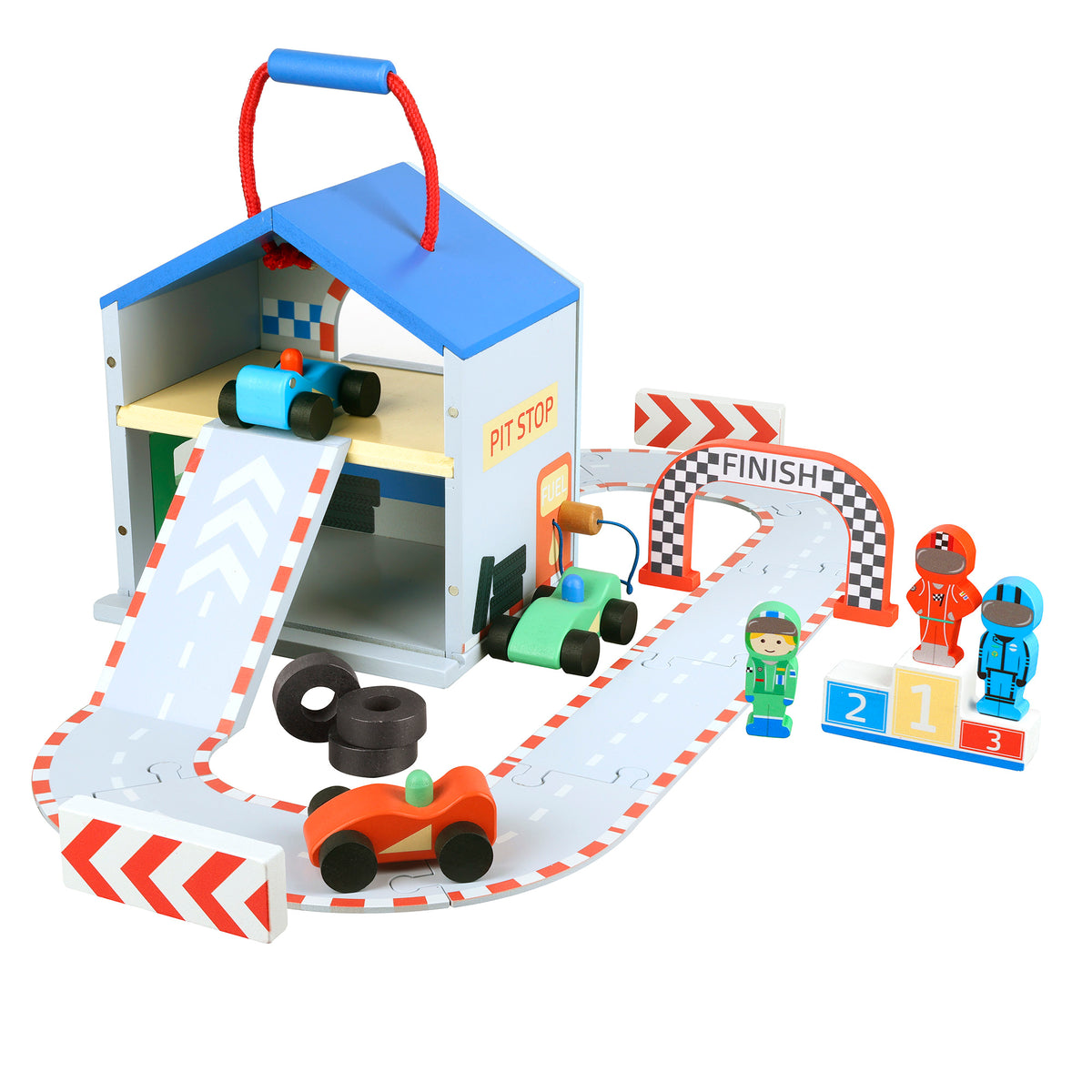 Wooden toy race track set with garage, cars, and drivers on a white background