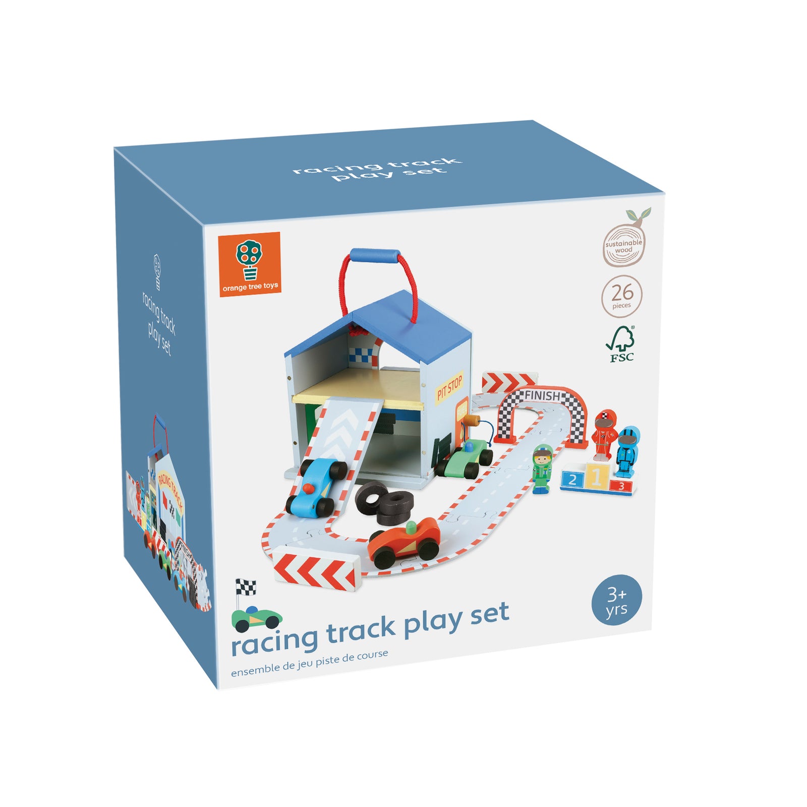 A product packaging shot displaying the opened Orange Tree Toys Racing Track Play Set, showcasing the racetrack interior layout, 3 wooden race cars with drivers, and the finish line archway.