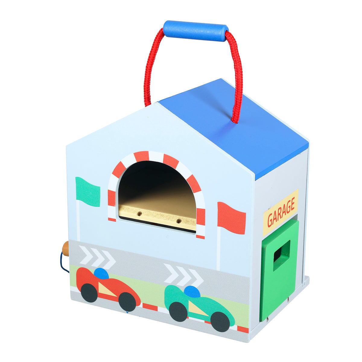 Children's wooden toy garage with a blue roof and red carry handle 