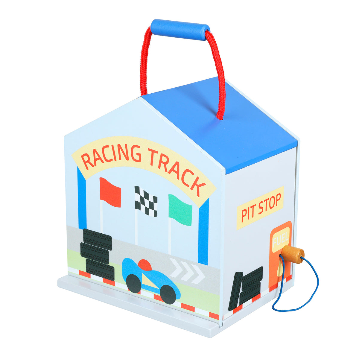 Toy box with racing track and pit stop design on a white background