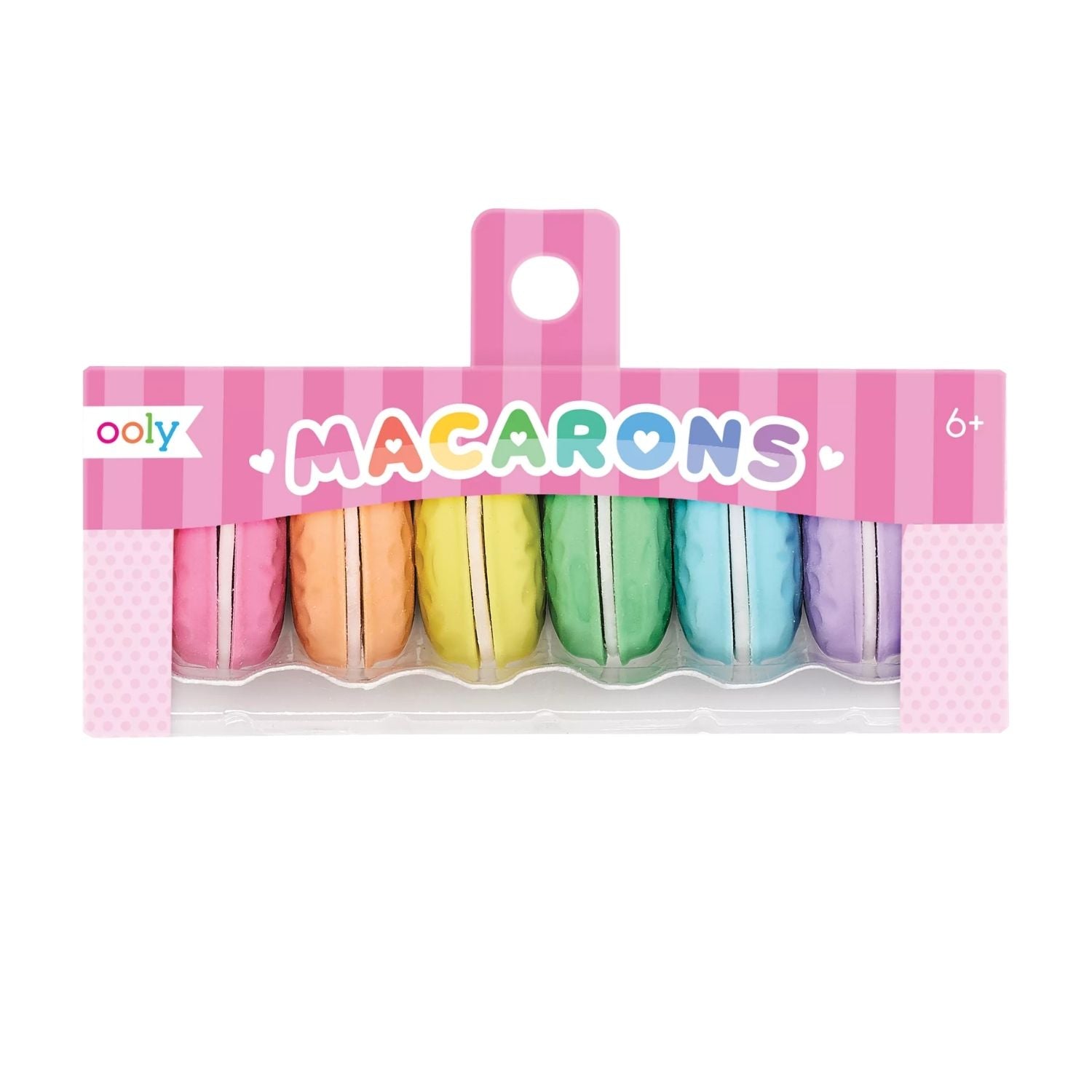Pack of colorful macaron-shaped markers with a pink packaging label on a white background